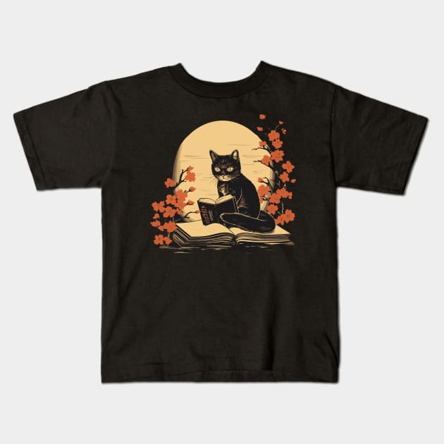 Floral Black Cat And Book Catshirt Kids T-Shirt by VisionDesigner